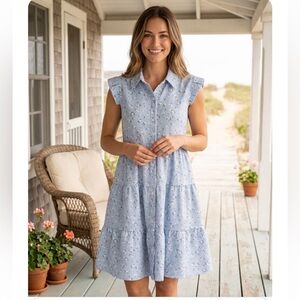Monteau Light Blue Floral Button-Down Tiered Mini Dress